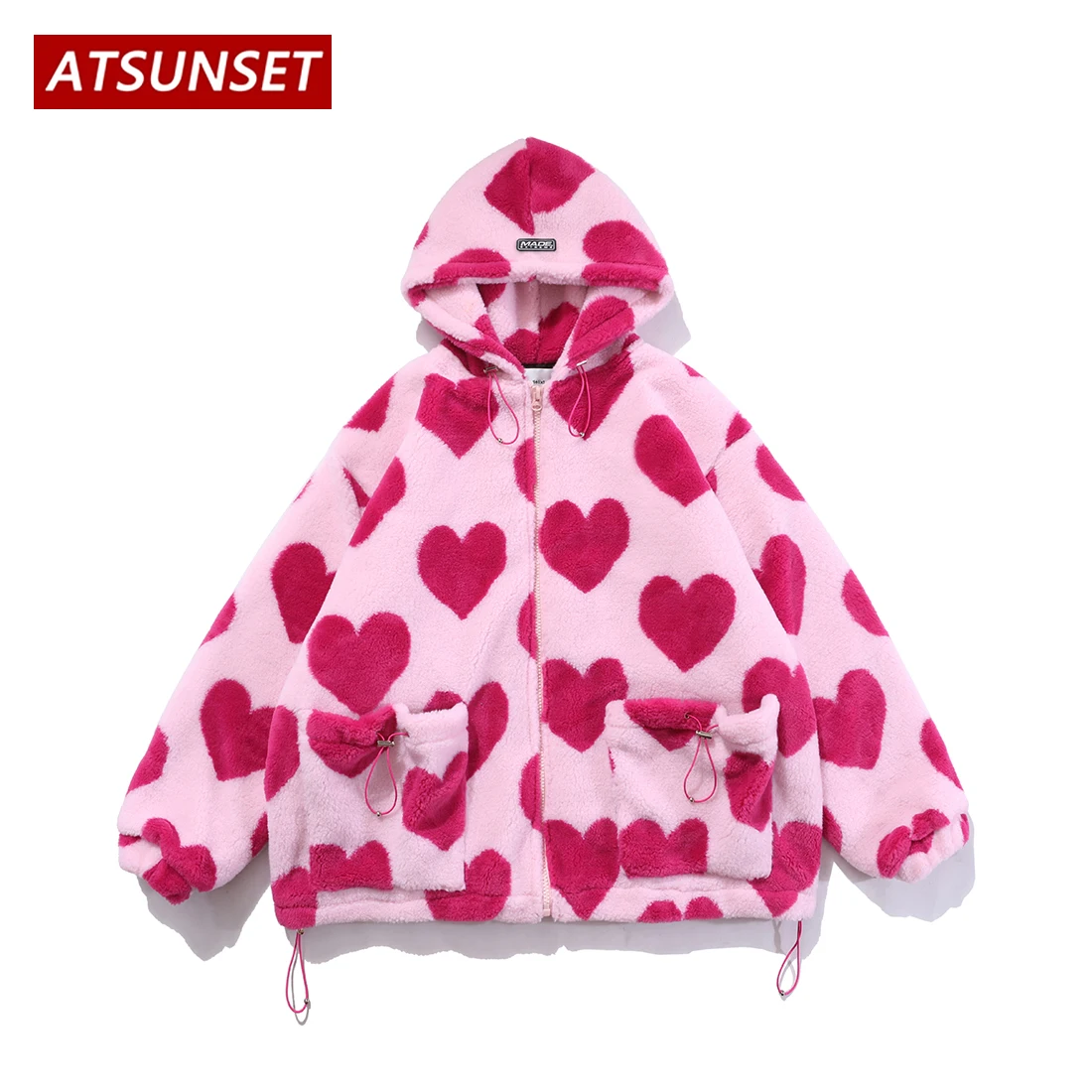 ATSUNSET Cute Heart Shaped Print Lambswool Hooded Cotton Coat Thick Warm Harajuku Winter Jacket  High Street Couple Streetwear