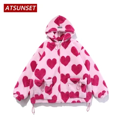 ATSUNSET Cute Heart-shaped Print Lambswool Winter Jacket Hooded Cotton Coat Thick Warm Harajuku High Street Couple Streetwear