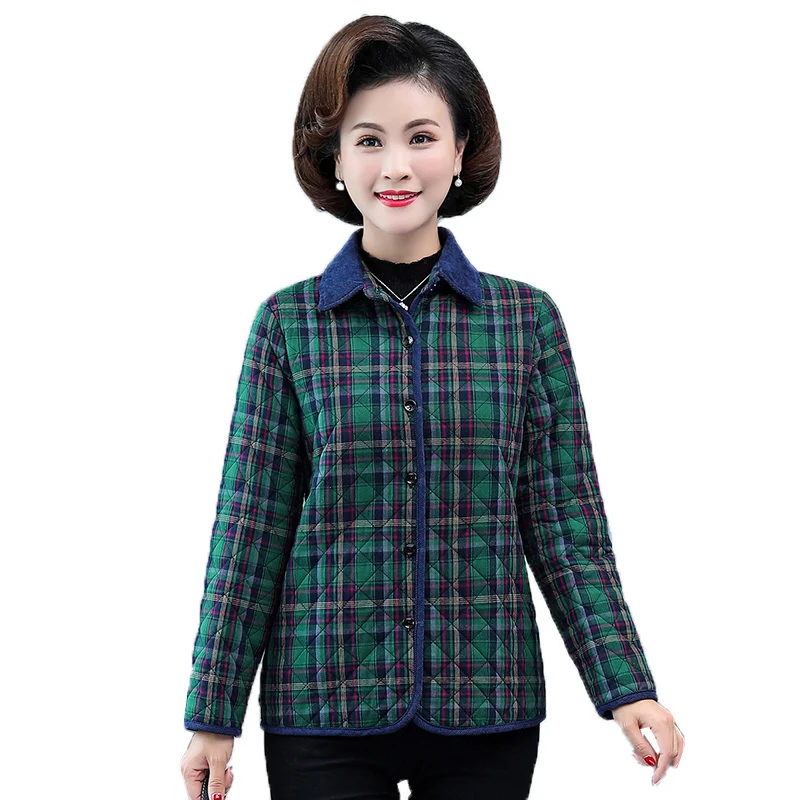 Women's Plaid Jacket Autumn Winter Thin Cotton Check Quilted Coats Middle-aged and Elderly Ladies Plaid Shirt Jacket Tops 5XLW73