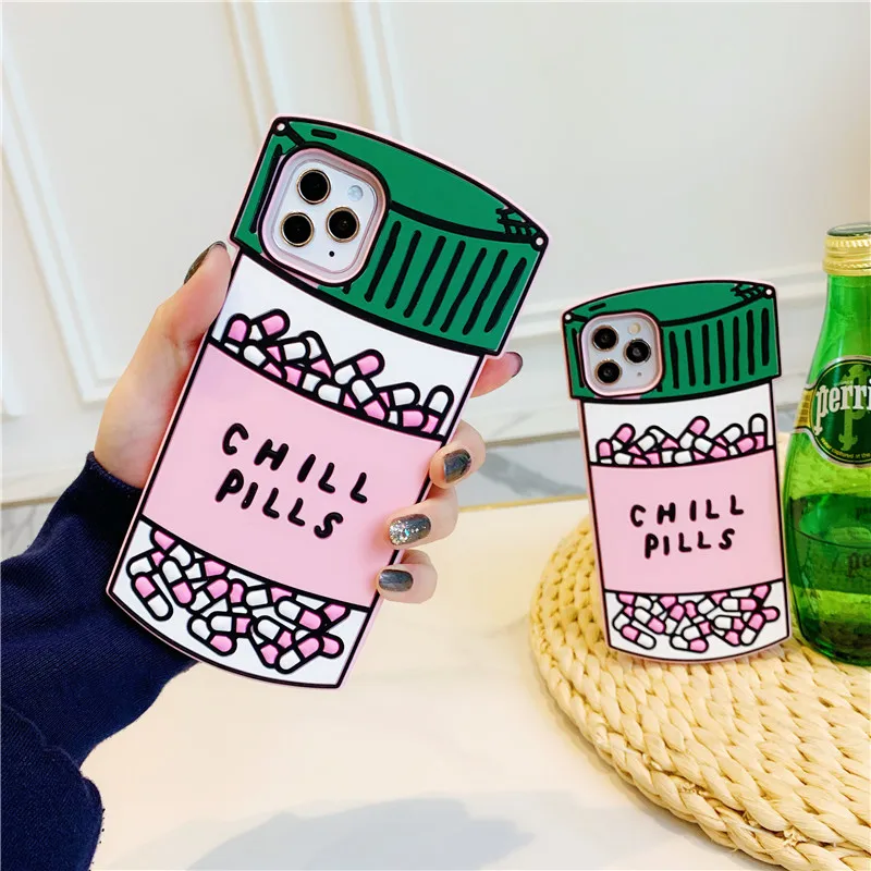 3D Cute Cartoon Chill Pills Case for iPhone 18 Pro Max/16/15/14/13/12/11 Medicine Bottle Soft Rubber Back Cover Funda iPhone 17