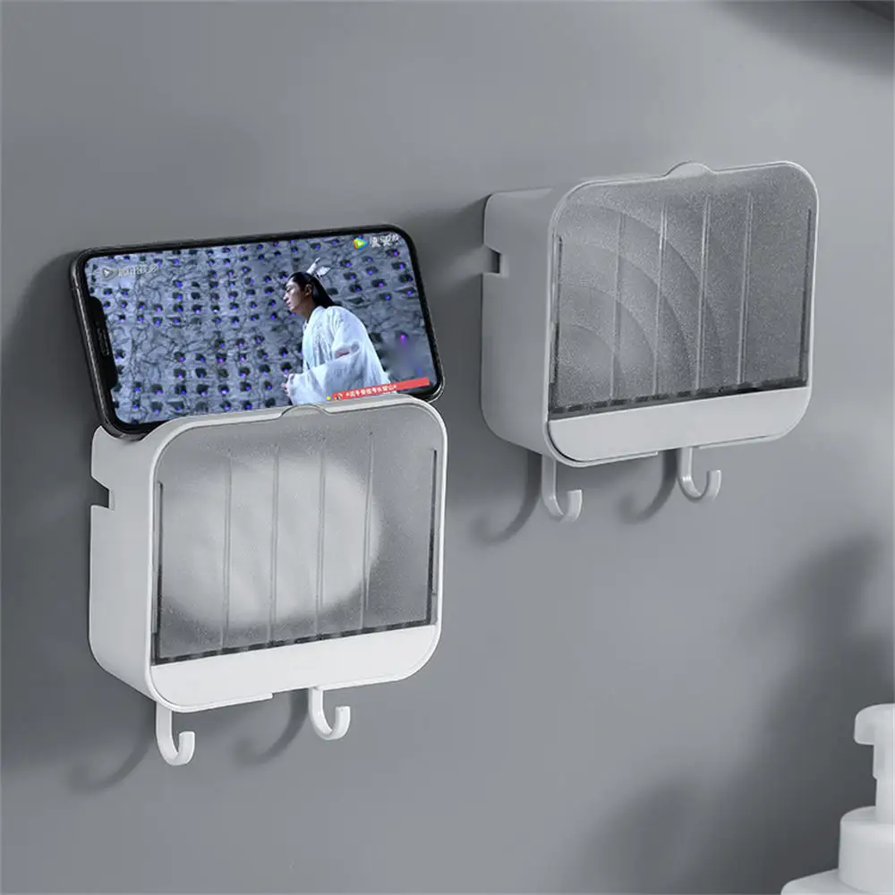 Vertical Dustproof Soap Dish With Lid Drain Soap Dish Bathroom Nail Free Wall Hanging Soap Holder Creative Soap Rack