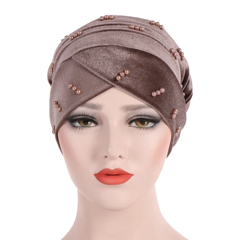 진주 벨벳 내부 히잡 모자 이슬람 머리 장식 여성 turban femme musulman, 부드러운 단색 turbante hijab 보닛 착용 준비 완료