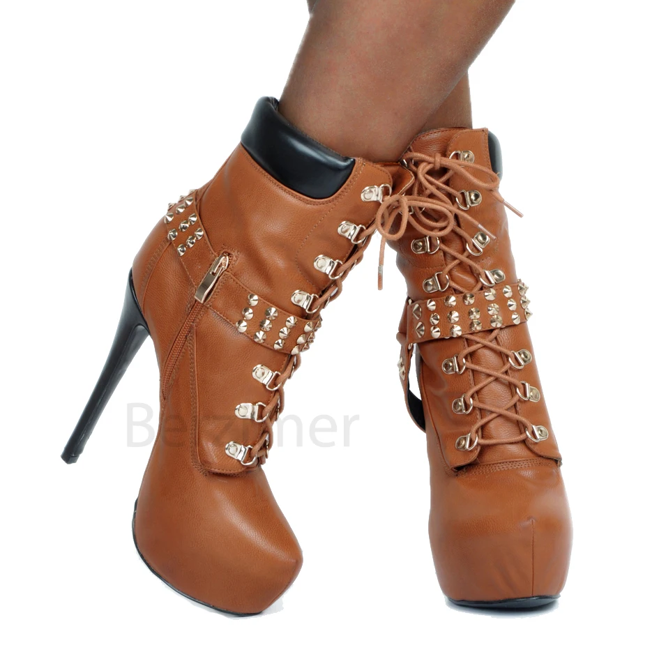 

BERZIMER Studded Platform Ankle Boots for Women Lace Up Heels Booties Punk Zapatos Mujer Shoes Woman Large Size 45 49 50 52