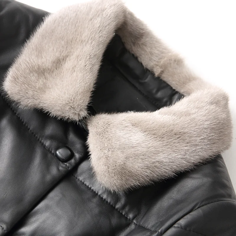 AYUNSUE – manteau Long en peau de mouton pour Femme, Veste en Cuir véritable, doublure en fourrure de vison, 100%, 1221