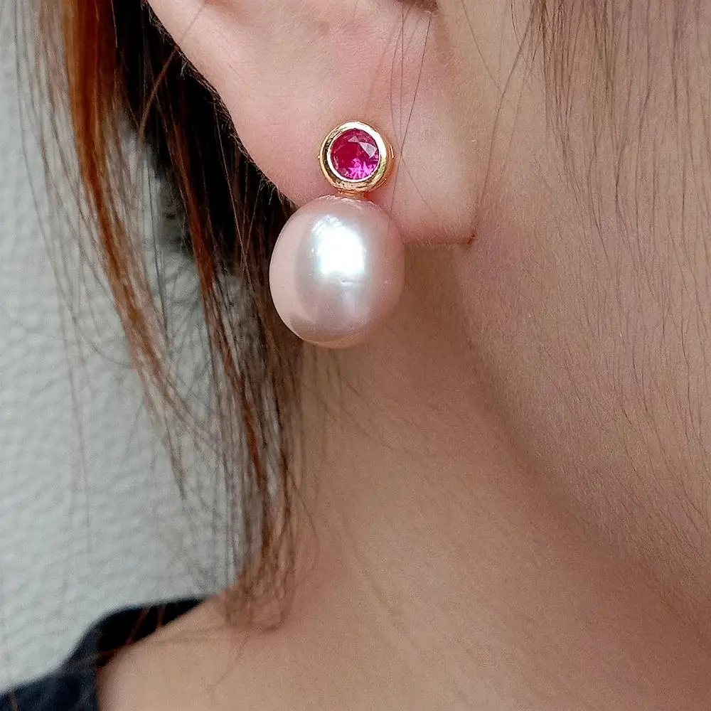 KKGEM Natural 10x13mm Cultured Purple Freshwater Pearl Fuchsia Rhinestone Pave Stud Earrings Wedding for Women view 4