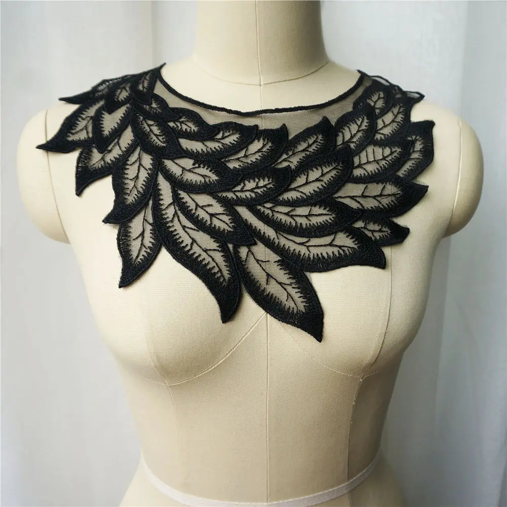 Black White Beige Feather Leaf Lace Fabric Collar Embroidered Appliques Vintage Mesh Sew Patch For Wedding Evening Dress DIY