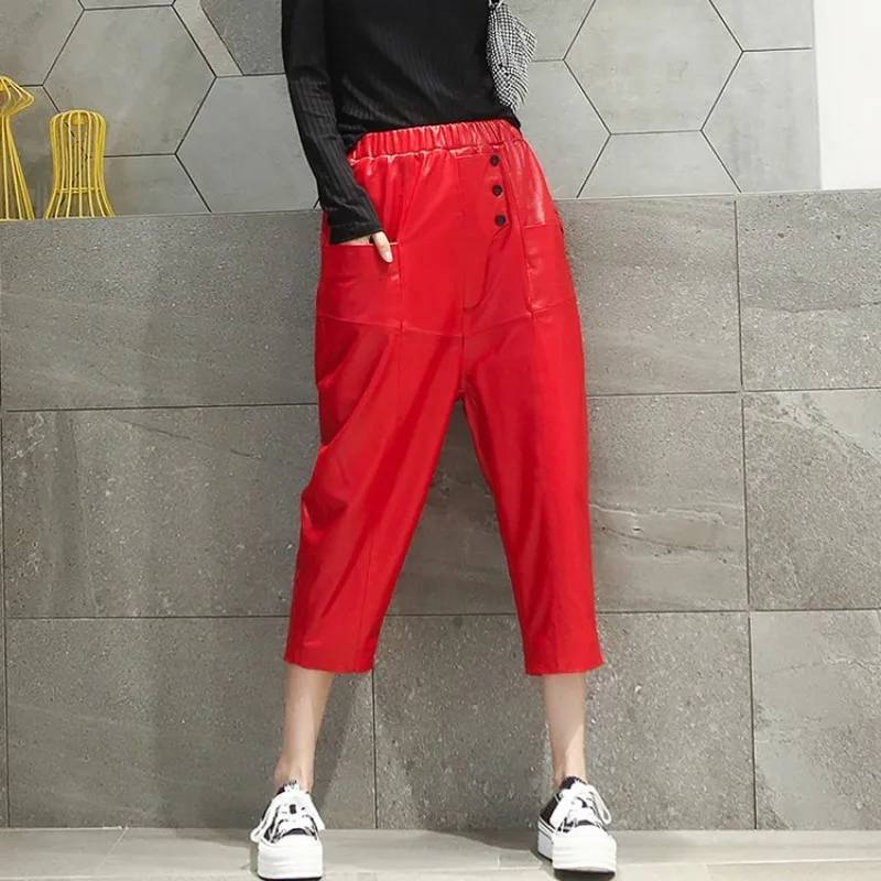 Streetwear Womens Calf Length Casual Harem Pants Hip Hop Loose Drop Crotch Sheepskin Real Leather Pants Elastic Waist Trousers