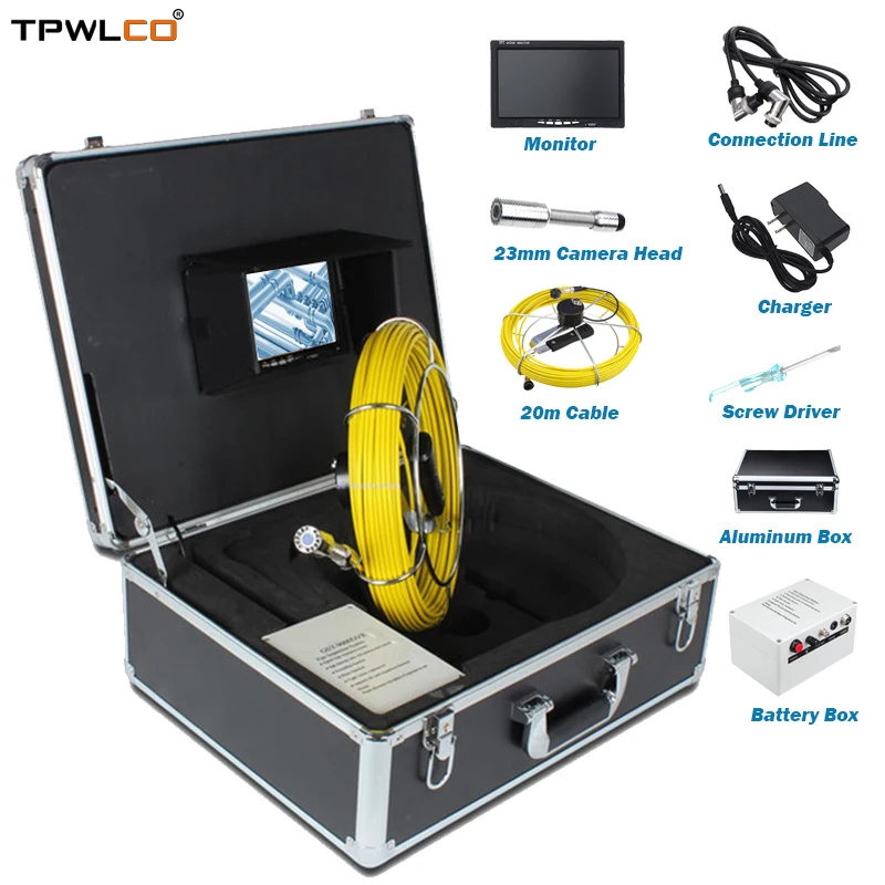 

23mm IP68 Waterproof Video Camera Head With 12pcs LEDS 7inch LCD 1000TVL Small Pipe Duct Inspection Endoscope System 20m Cable