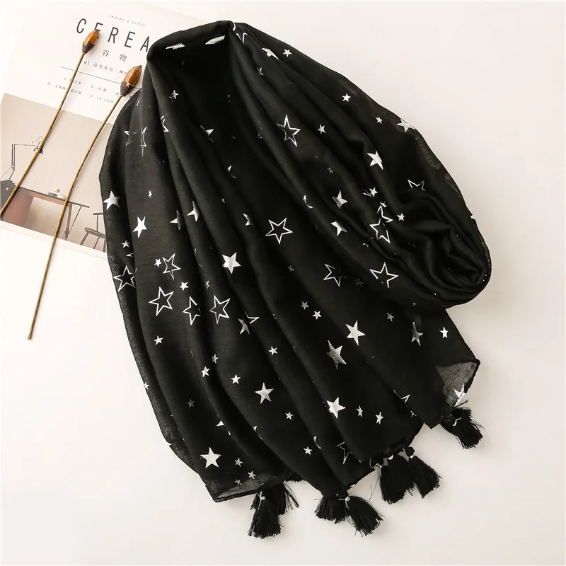 2023 Fashion Iron Silver Star Tassel Viscose Shawl Scarf Women High Quality Autumn Winter Foulard Muslim Hijab Sjaal 180*90Cm