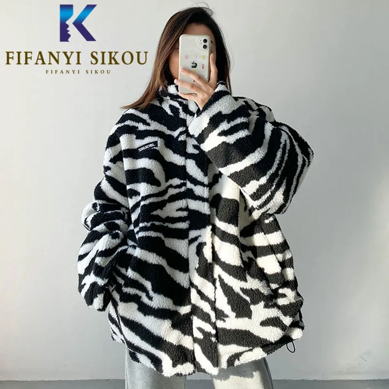 

Lambswool Jacket Women Thick Warm Outerwear Fashion Zebra Print Zipper Loose Plush Coats Female Streetwear Winter Jacket