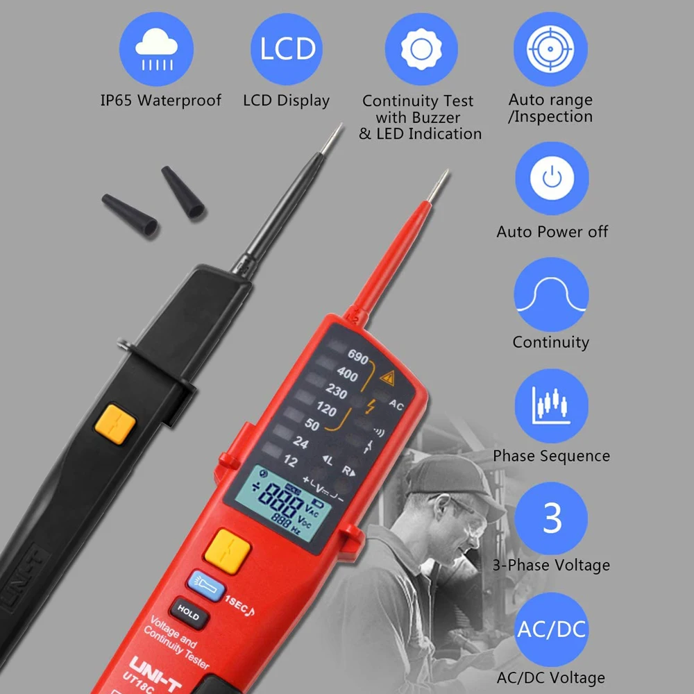 UNI-T UT18C Voltage And Continuity Tester-Digital LCD Meter Tester, Automatic Range Voltage Detection With LED Indicator