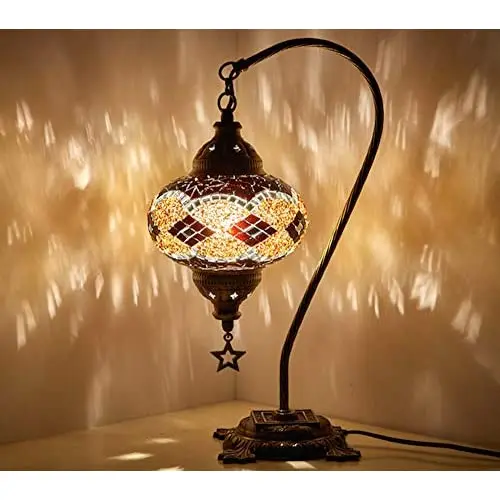 LaModaHome 2021 English Moroccan Handmade Colorful Mosaic Gooseneck Table Bedside Lamp with Lampshade Antique Body (Brown-Black-