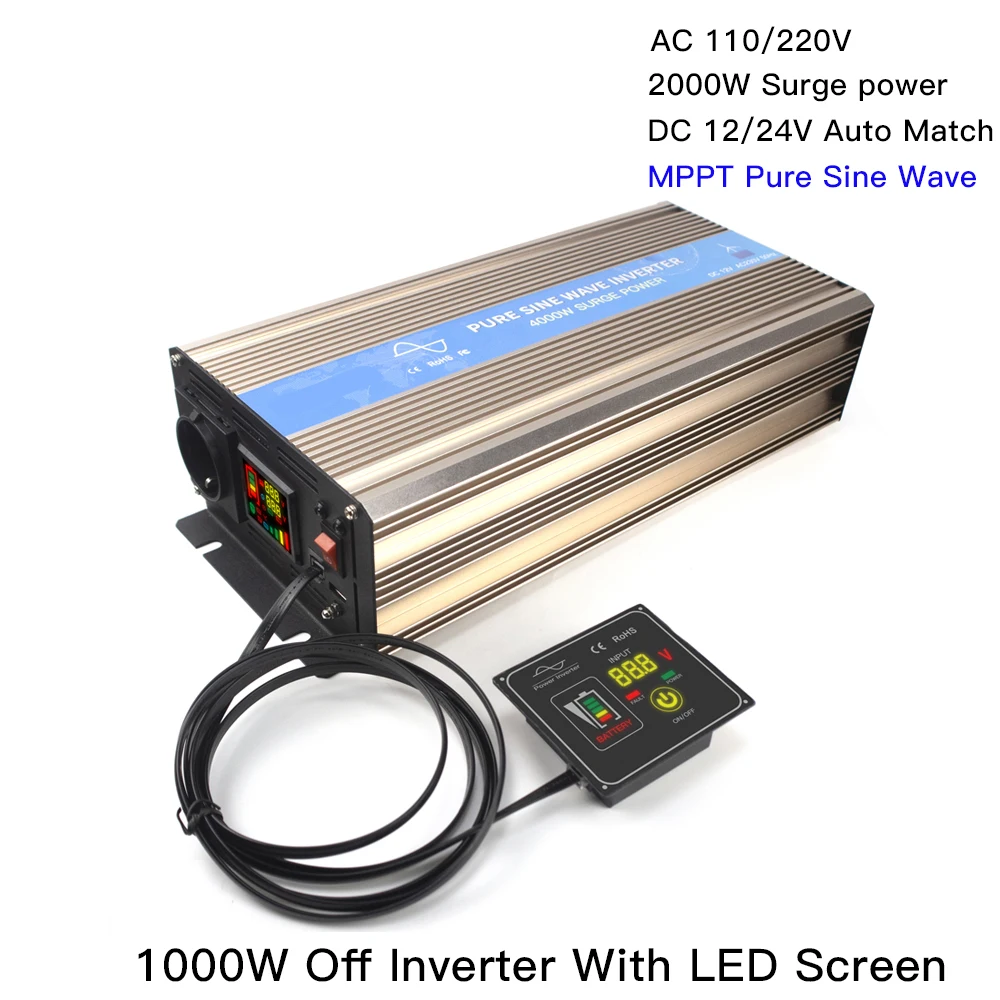 1000W Off Micro MPPT Pure Sine Wave Inverter 12/24V Hybrid Solar Wind Power Inversor Support 110V/220VAC 2000W Surge Power