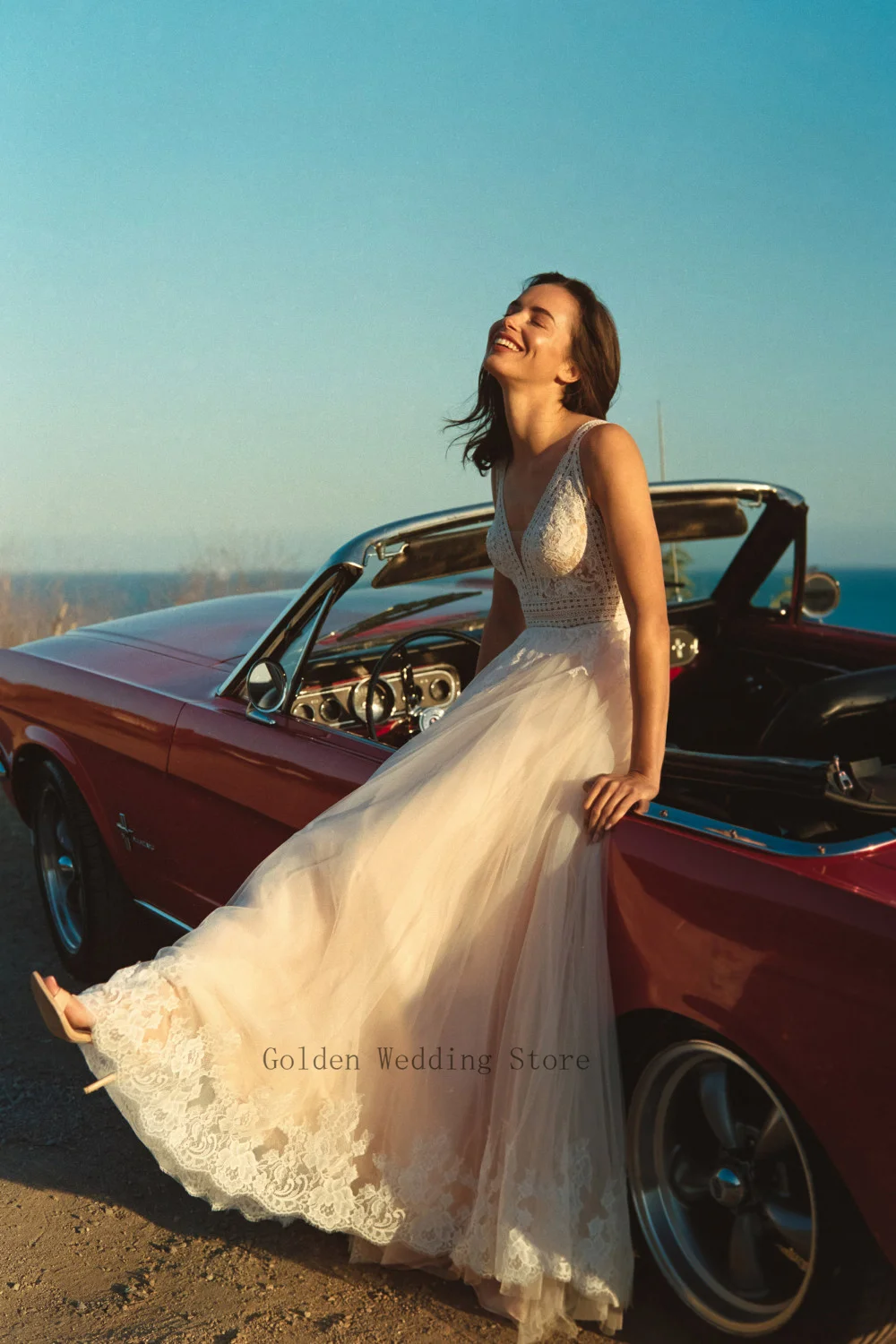 Vestidos de novia de encaje de tul color champán, ropa de novia con corte en A, cuello en V, apliques de tirantes, vestido de fiesta