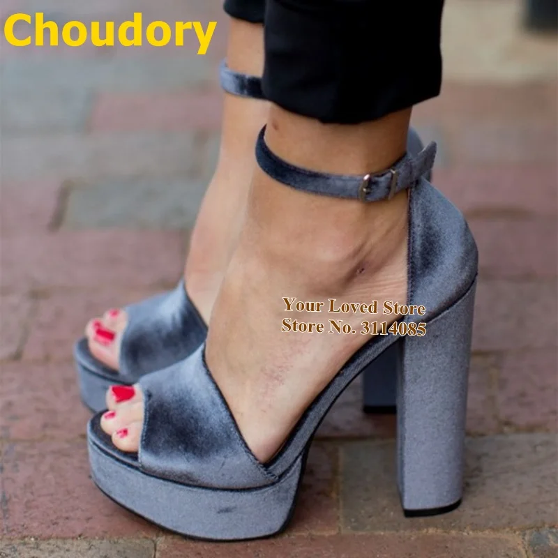 Choudory Grey Velvet Chunky Heel Platform Sandals Buckle Strap Open Toe Gladiator Dress Shoes Luxury Nightclub Women Shoes