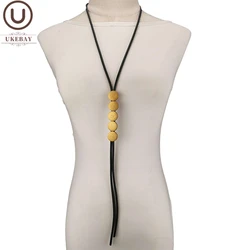 UKEBAY New Long Statement Necklace Women Wood Jewelry Wooden Necklaces Black Rubber Sweater Chains Handmade Clothes Accessories