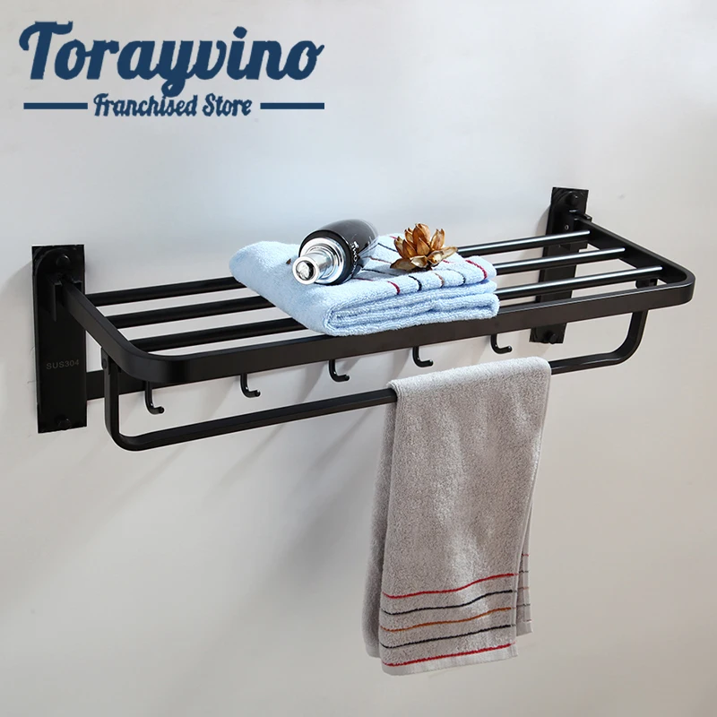 

Torayvino Sturdy towel stand bathroom Towel rack stainless steel black painting Shelf with 5 hooks Wall Mounted Towel Holder