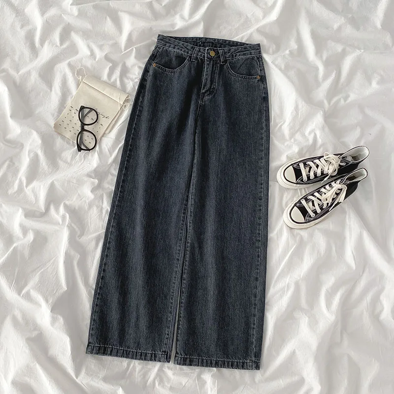 

Women's Jeans 2021 Spring High Waist Denim Trouser Streetwear Vintage Baggy Versatile Black Grey Girl Student Straight Pants