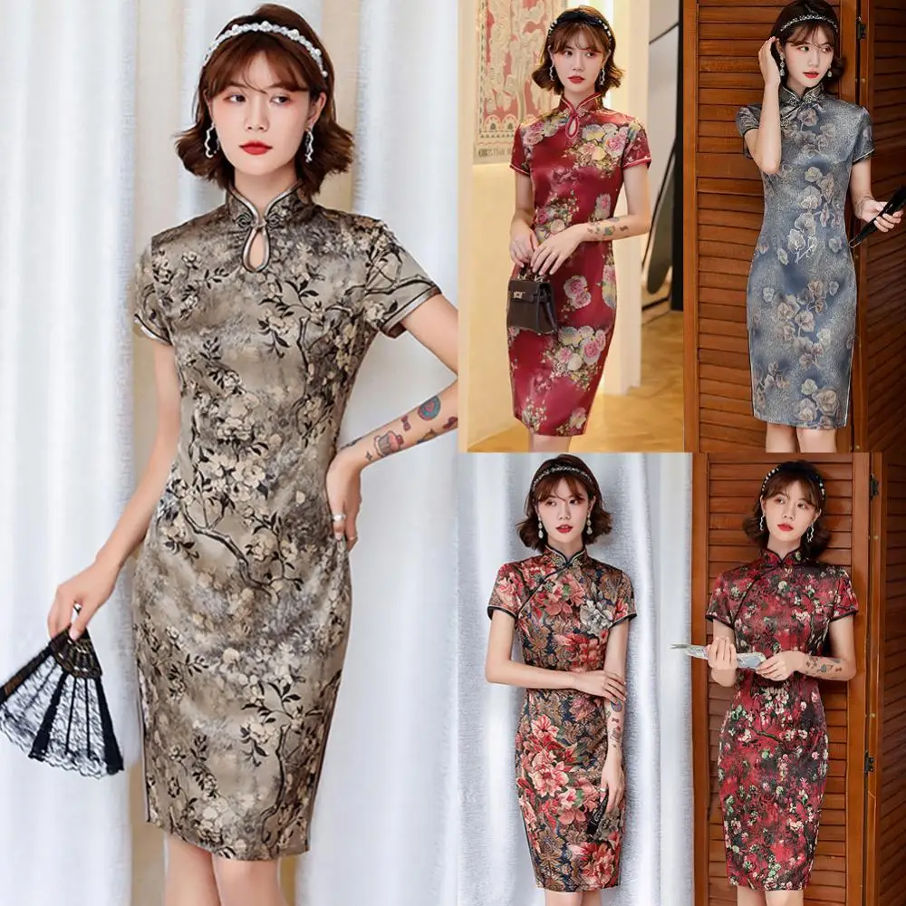 Women Short Sleeve Floral Print Slit Hem Brocade Chinese Cheongsam Midi Dress