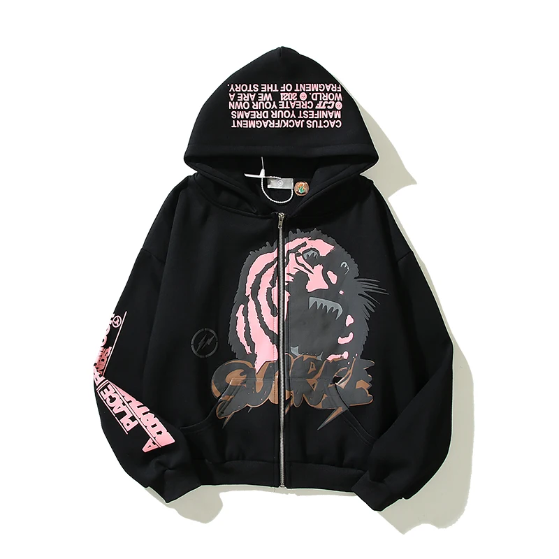 Harajuku Retro Letter Tiger Print Fleece Zipper Hooded Hoodies Men and Women Oversized Hip Hop Loose Casual Sweatshirts