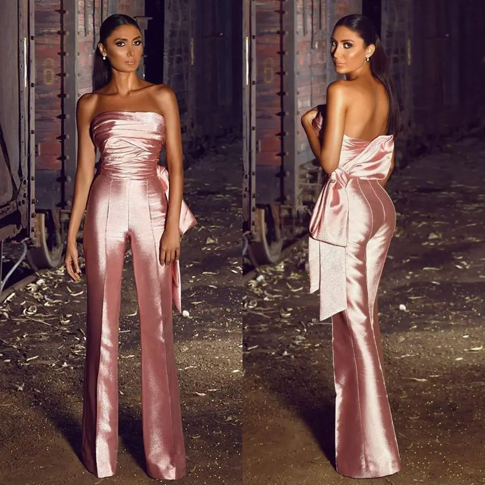 Pink Prom Dresses Jumpsuits Sexy Strapless Backless Evening Gowns Ruffles Ankle Length Pants Party Club Wear Vestido de fiesta