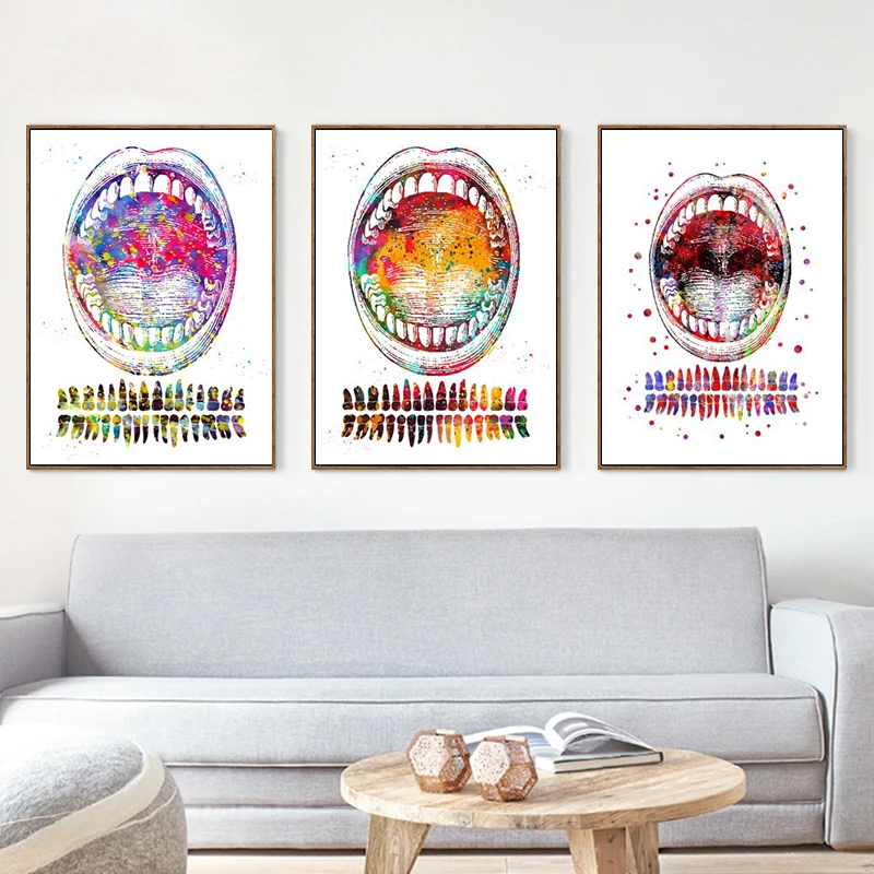 Dental Art Teeth Canvas Painting Medical Wall Art Poster and Prints Watercolored Oral Tooth Anatomical Picture Clinic Decoration