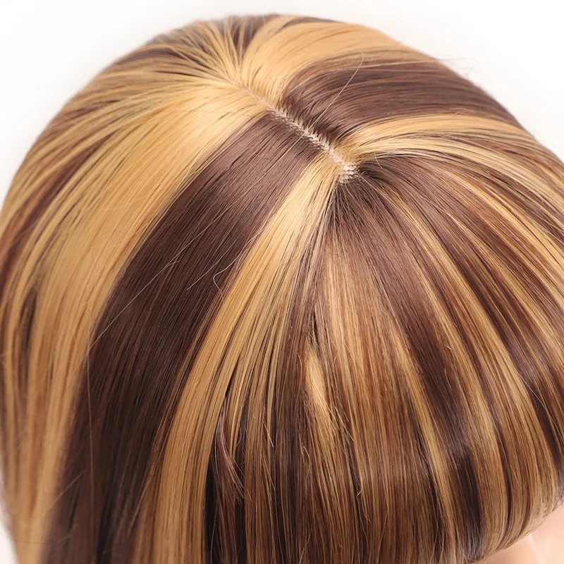 30 Zoll P4/27 Synthetische Perücke mit Pony, lange glatte Haarperücken für Damen, glatte, natürliche schwarze Perücken im Angebot, Piano-Farbperücke für Frauen – Detail 7