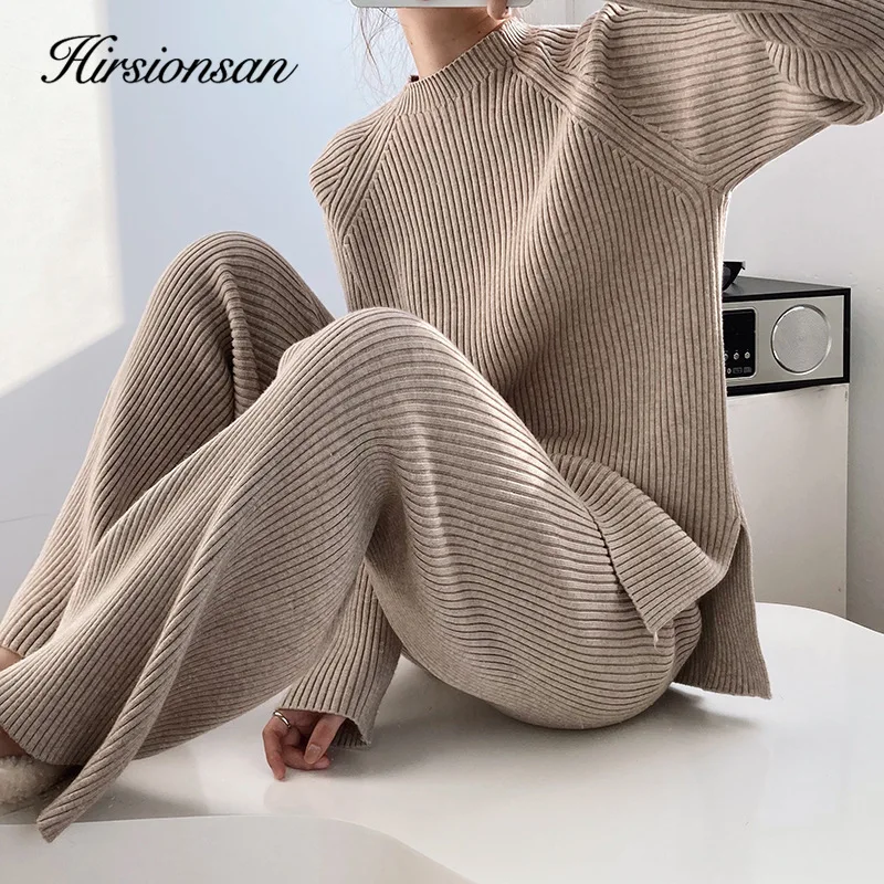 Hirsionsan Soft Cashmere Knitted Sets Women 2023 Autumn Winter Casual Two Pieces Sweater and Pants Outfits Solid Tracksuit Lady