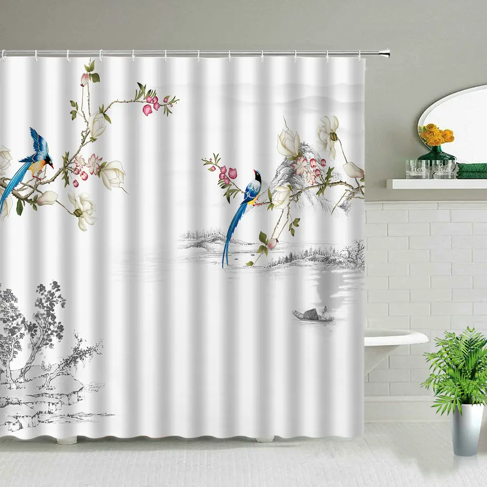 Chinese Style Ink painting Bamboo Landscape Shower Curtain Flower Bird Scenery Bathroom Waterproof Cloth Bath Curtains With Hook