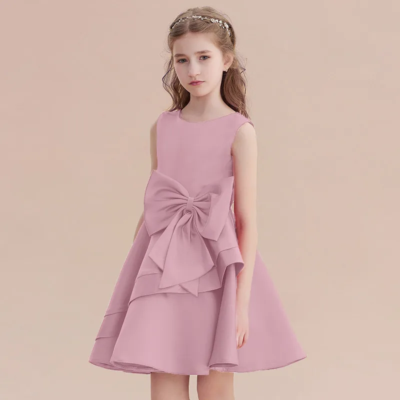 Robe de soirée courte en satin rouge personnalisée pour filles, robe de princesse à fleurs mignonnes, robe de fête d'anniversaire pour enfants junior