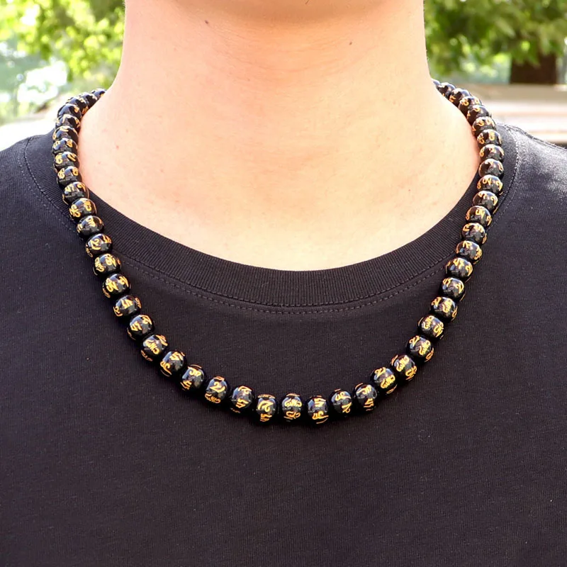 Minimalist Tiger eye Necklace Men Women 10mm Big Beads 22 Inches Long Necklace Hiphop Rock Black Onyx Obsidian Beads Necklace