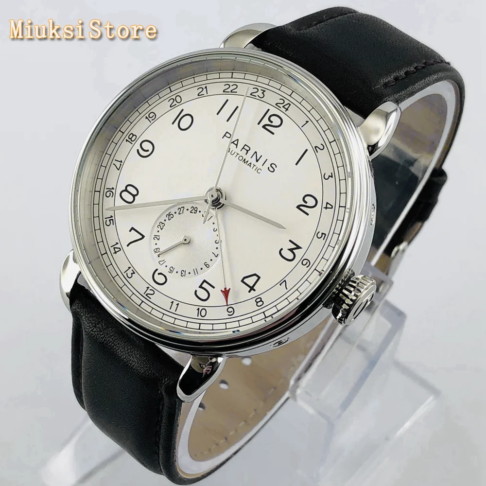 42mm Parnis automatic mechanical watch silver case GMT arab mark date window leather mens top watch