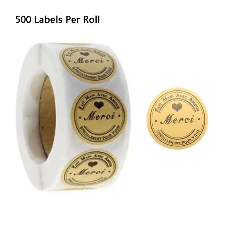 500pcs Natural Kraft Merci French Thank You Fait Main Avec Amour Labels Stickers For DIY Seal Label Baking Package Stickers