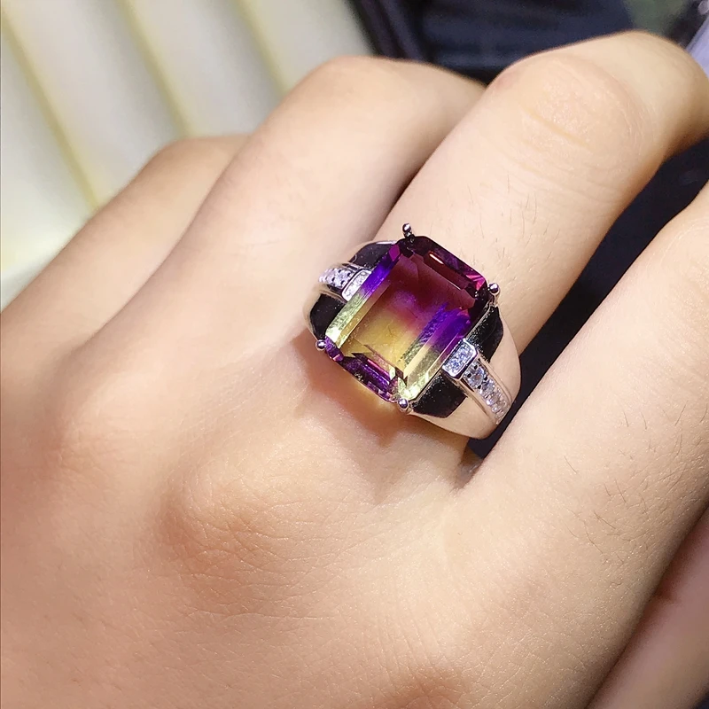 Natural ametrine men's ring two color ring. 925 pure silver is plated with gold without discoloration. New include