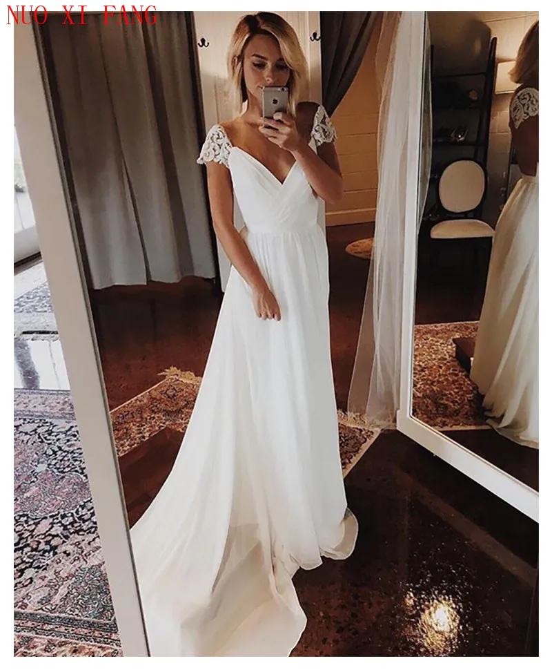 NUOXIFANG Cap Sleeves Wedding Dress 2022 V Neck Chiffon Appliques Backless Beach Bridal Dress Cheap High quality Wedding Gowns