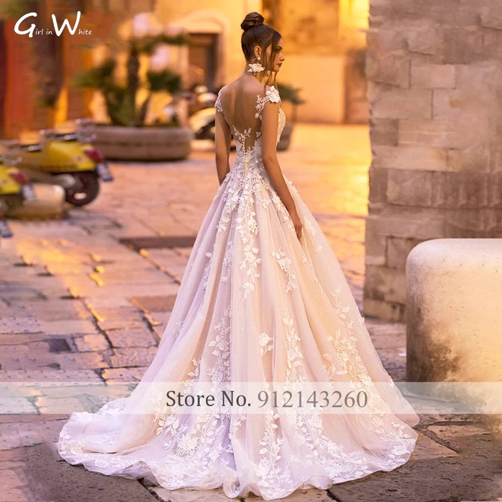 Scoop Applique Wedding Dresses A-Line Off-the-Shoulder Court Train Lace Flowes customized Petal Illusion Back Vestidos De Novia