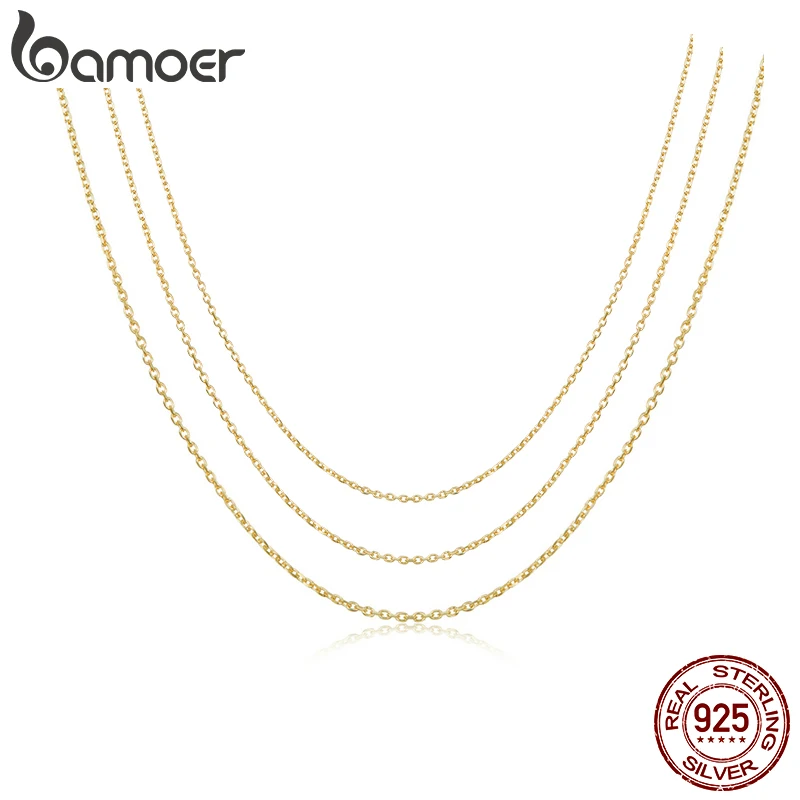 bamoer Authentic Gold Color 925 Sterling Silver Basic Cable Chain Necklace Pendant for Women Long Chain Fashion Jewelry SCA016