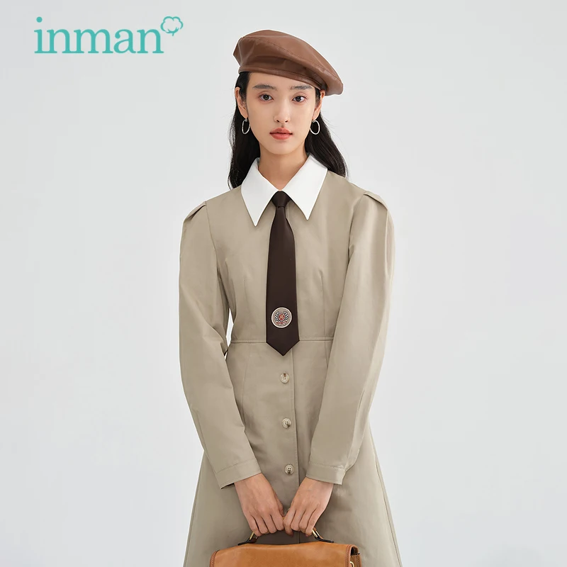 

INMAN Women's Dress Spring Autumn Traffic Minimallist Pointed Collar with Tie Buttons Long Sleeve A-line One-Piece