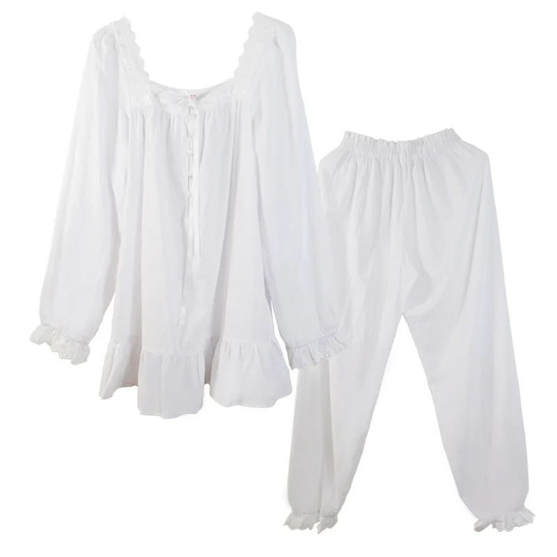 Pure Cotton Pajamas Sets Women White Vintage Lace Square Collar Long Sleeve Sleep Tops Bottoms Bloomers Pants Princess Sleepwear