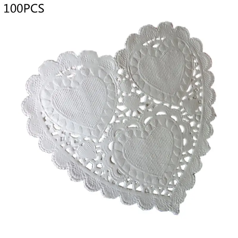 100Pcs/Set 4 Inch 10cm Heart Shape Paper Doily White Doilies Hollow Out Lace Coasters Placemat Tableware Decorations