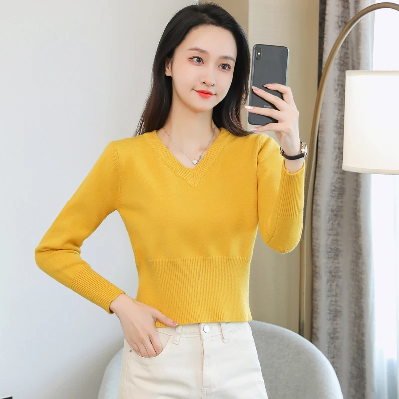 

Women's Trendy Knitting Pullover Sweaters Solid V-Neck Long Sleeves Elastic Hem Women Knitted Slim Sweater Autumn Spring 2021