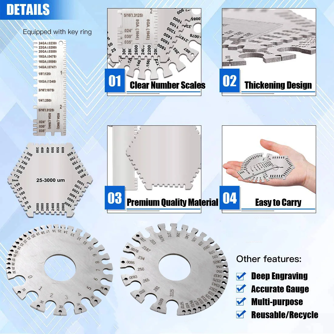 Welding Gauge Set 25-3000um Wet Film Comb + Wire Metal Sheet Thickness Gauge + Round Wire Cable Sheet Gage AWG and SAE