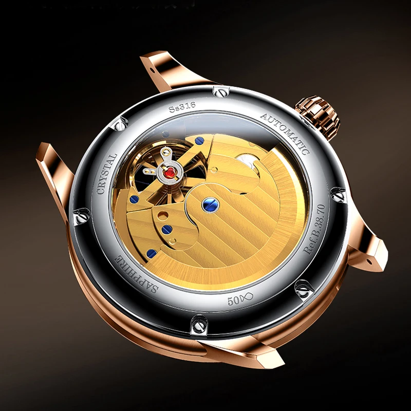 ساعات رجالية من BORMAN Moon Phase أتوماتيكية بحزام من الفولاذ المقاوم للصدأ 316 وزجاج ياقوت مقاوم للماء ساعة رجالية ميكانيكية 50 متر