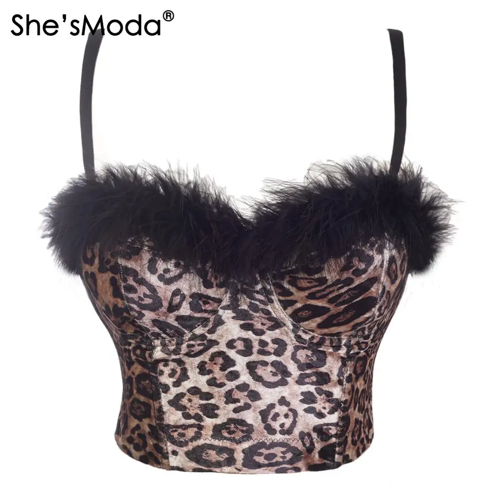 

She'sModa Leopard Velvet Feather Women's Bra Christmas Bustier Diamonds Night Club Party Cropped Top Vest Plus Size