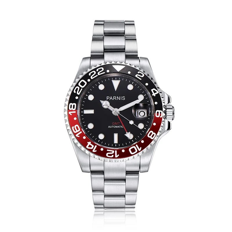 Imagem -04 - Parnis Relógio Mecânico Masculino 40 mm Relógio de Pulso Mecânico Automático Gmt de Luxo Cristal de Safira Moldura de Cerâmica Luminosa à Prova Dágua