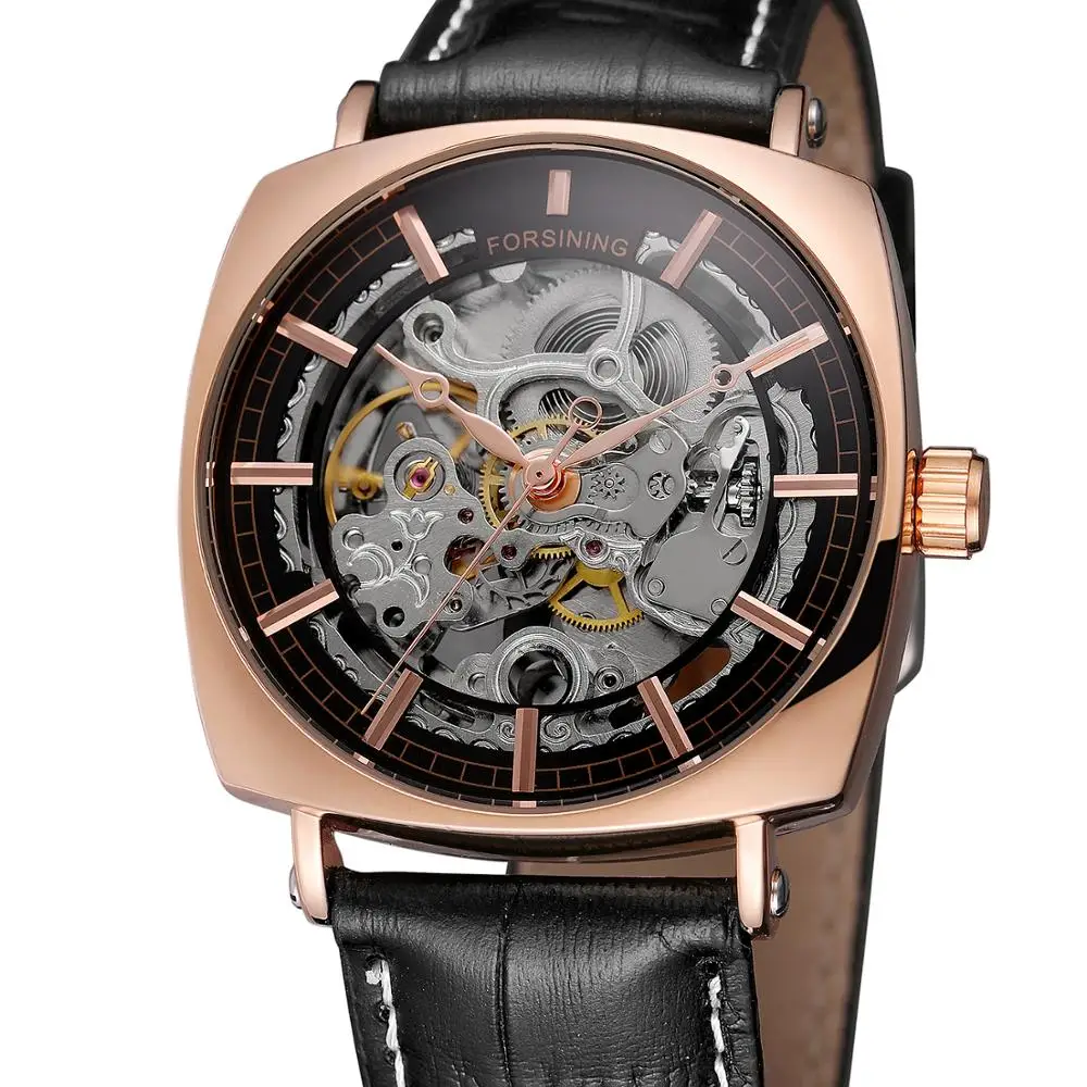 

FORSINING WATCH Fashion casual men's watch rose gold square case black dial and leather strap automatic mechanical watch