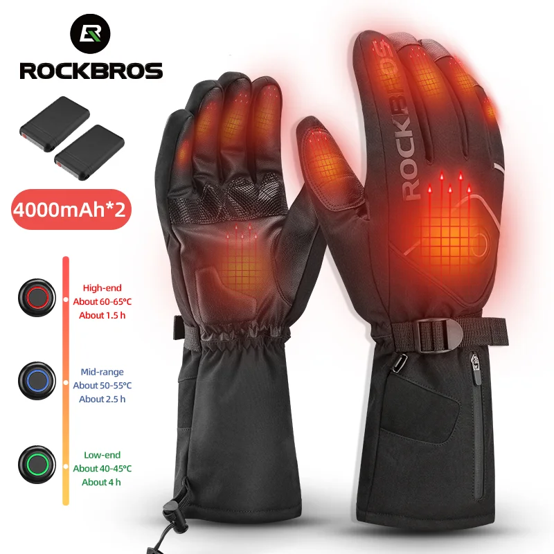 ROCKBROS Ski Gloves Heated Gloves Winter Gloves Rechargeable Waterproof USB Ski Heated Gloves Bike Touch Screen Battery Gloves