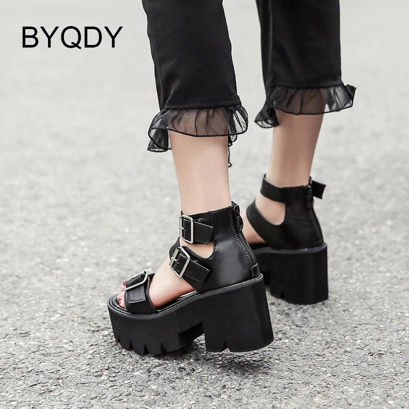 BYQDY Women Sandals Open Toe Buckle Ankle Strap Black Simple Designer Platform Shoes Unique Comfort Creepers Plus Size 42