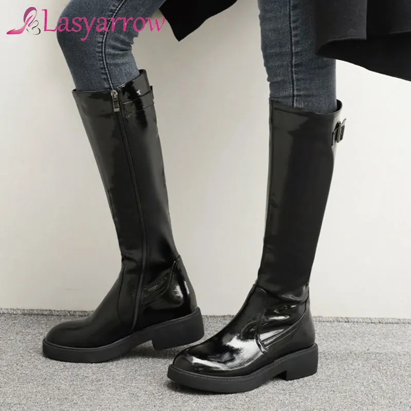 

Lasyarrow Women Knee High Boots Med Heels Zipper Round Toe Boots Fashion Buckle Block Heel Female Shoes 2021 Winter Black