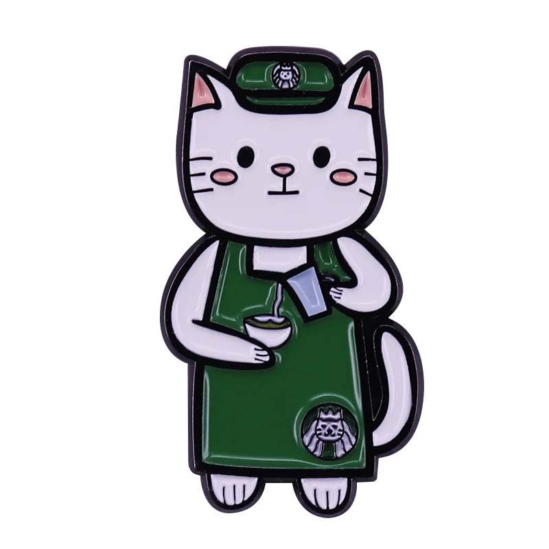 Funny Cat Waiter Enamel Pin Coffee service brooch Lovely Kitty Badge Accessory